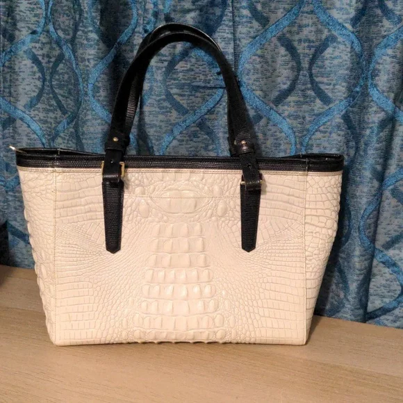 Brahmin Arno Ivory White and Black Crocodile Embossed Tote Bag - Picture 3 of 7